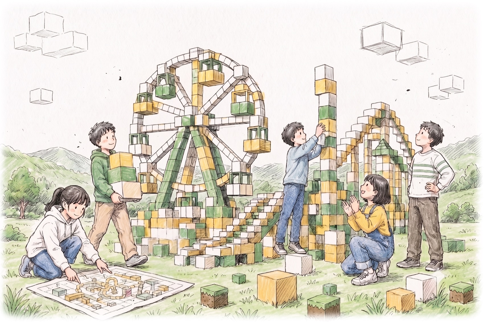 ブロックで遊園地をつくる子どもたち