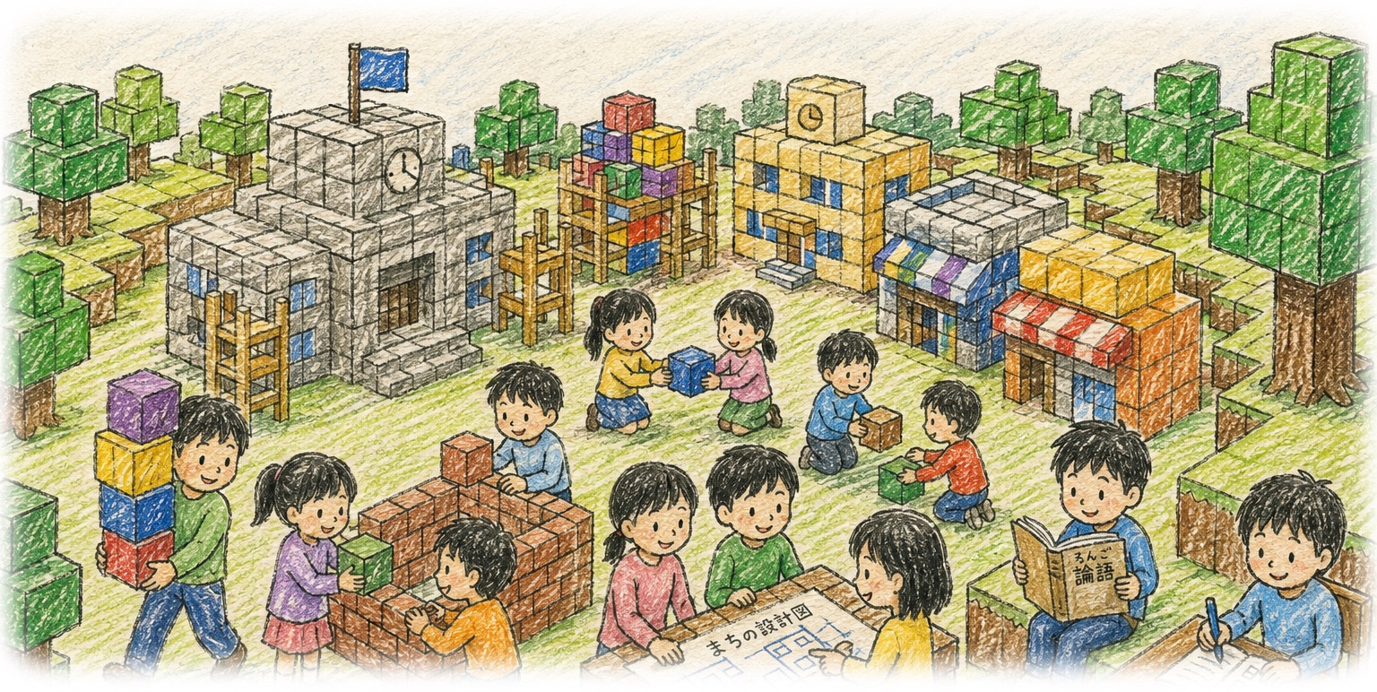 ブロックで街をつくる子どもたちと、読書や設計に取り組む子どもたちの手描き風イラスト